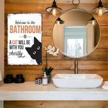 Funny Welcome To The Bathroom Cat Metal Sign - Black & White Cat Vintage Wall Decor, Retro Tin Poster 8x12 Inch For Bathroom Decor - 歡迎001 - 查看 6