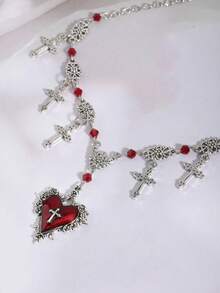 复古哥特式深色 Y2K 哥特红十字心形多层串珠项链，蝙蝠十字甜美朋克风格项链配饰女士 - 紅色 - 查看 5