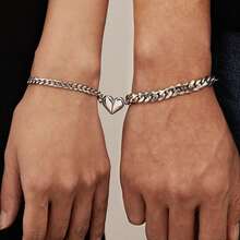 MONALLY 2pcs Fashionable Magnetic Silver Heart Couple Bracelets, Stainless Steel Friendship Bracelets, Gift For Lovers, Anniversary, Any Occasion - Chain Bracelet - View 9