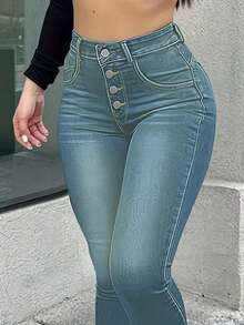 Women's Stretch Skinny Jeans Pants With Multi-Breasted Design, Built-In Zipper And Button, Suitable For Casual Sportswear, Sexy And Casual. - Màu xanh hải quân - Xem 4