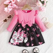 Baby GirlHeart, Glasses, Bow, Kitty Graphic Long Sleeve Cute Mini Dress For Spring And Autumn, Valentine's Day