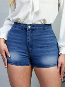 Dark Wash Stretch Denim Shorts With Cuffed Hem For Comfortable Summer Parties And Daily Wear - Biru tua 0002 - View 5