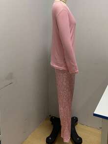 Mirano Slogan Print Short Sleeve Top & Cherry Pattern Long Pants Pajama Set - Hot Pink - View 3