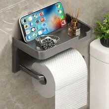 1pc Self-Adhesive Plastic Toilet Paper Holder With Shelf, Powder Coated Wall Mounted Tissue Roll Dispenser, Sturdy No-Drill Bathroom Paper Towel Rack With Phone Storage Shelf Halloween, Christmas Decorations 5138259455