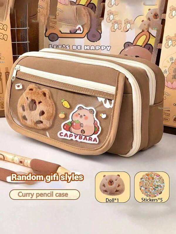 Set de 7 piezas que incluye bolsa de lápices y muñeca, 5 pegatinas, caja de lápices de Capibara linda, estuche de lápices de Capibara de varias capas, broche de Capibara. Usado para organizar útiles escolares, bolígrafos, reglas, borradores, decoración del hogar. (5 pegatinas aleatorias), Regalos de vuelta al colegio