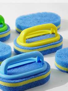 1 pieza Cepillo de limpieza multifuncional con mango (color aleatorio), cepillo de baño para azulejos y baldosas engrosado y ampliado, cepillo de limpieza para ollas y fregaderos, con esponja fuerte para fregar, apto para limpieza multiusos, incluyendo baños, cocinas y pisos, puede limpiar eficazmente manchas de grasa en bañeras, azulejos, estufas y vidrio.