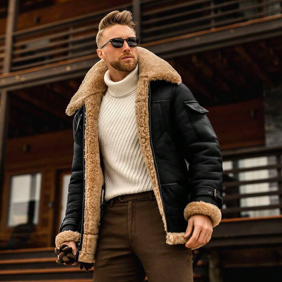 New Fur Autumn And Winter Men's Coat Thick Imitation Leather Jacket - 黑色 - 查看 1