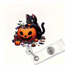 1 Stück/2 Stücke Halloween Thema Acryl Ausziehbarer Ausweishalter - Schwarze Katze & Kürbis Design, mit drehbarem Alligatorclip, geeignet für Krankenschwestern, Ärzte, Medizinstudenten, Büromitarbeiter und Halloween-Fans, Halloween Dekoration
