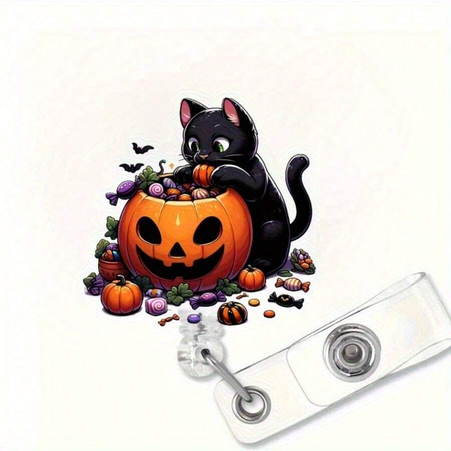 1 Stück/2 Stücke Halloween Thema Acryl Ausziehbarer Ausweishalter - Schwarze Katze & Kürbis Design, mit drehbarem Alligatorclip, geeignet für Krankenschwestern, Ärzte, Medizinstudenten, Büromitarbeiter und Halloween-Fans, Halloween Dekoration