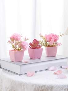 1pc/3pcs 3-4inch(H) Mini Pink Potted Artificial Flowers For Home, Bedroom, Living Room, Wedding, Birthday, Graduation, Party And Desktop Decoration