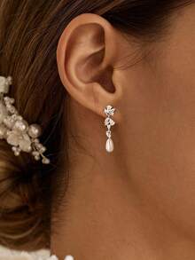 Women's Pearl Earrings, Elegant Women's Gold Earrings, 14K Gold/Silver Plated Cubic Zirconia Pendant Earrings, Clip-On Pendant Pearl Simple Everyday Jewelry Gift 14k Gold Plated CZ Pearl Bridal Earrings, Low Allergy Gold Plated Earrings, Elegant Wedding Bride Pearl Jewelry For Women - Draped - View 8