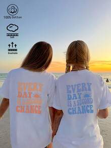 2025春夏新款，100%純棉，柔軟透氣，女裝T卹，日常穿搭，第二次機會印花，休閒風格，寬鬆剪裁，夏季服飾，勵志語錄，海灘度假，短袖T卹