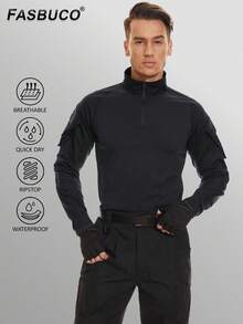 KEFITEVD Men's Track Shirts Athletic Training Shirts 1/4 Zip Ripstop Cargo Work Tactical Military Shirts - 黑色 - 查看 2