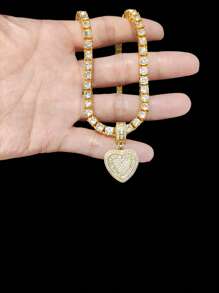 1pc Cubic Zirconia Heart Pendant With 5mm Tennis Chain, Unisex Hip Hop Vintage Pendant Necklace, Suitable For Daily Wear Or Party, Gift For Valentine