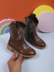 1双儿童时尚休闲牛仔靴，儿童秋冬刺绣中筒复古靴，儿童V型厚筒短靴 - 棕色 - 查看 2