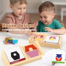 几何房屋设计师拼图，儿童逻辑训练透明卡片堆叠玩具，亲子互动 STEM 棋盘游戏，课堂游戏，儿童生日和节日礼物 - 彩色 - 查看 6