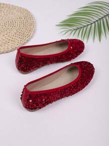 女士休闲平底亮片鞋，圆头一脚蹬平底鞋，适合日常穿着、宴会和派对 - 紅色 - 查看 8