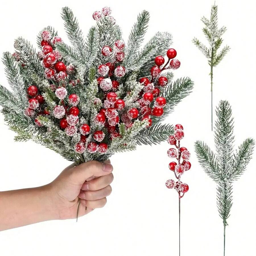 6/12/24 pezzi Bacche rosse artificiali e rami di pino innevati - profumo di rami di cedro natalizi per ghirlande e decorazioni natalizie, rami di pino in plastica per fai da te e decorazioni invernali, senza elettricità o batterie necessarie, Natale, decorazioni natalizie per la casa