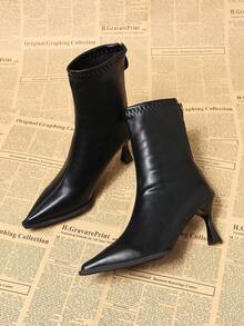 Women's Fashionable Pointy Toe Stiletto Mid-Calf Boots, Versatile Height-Increasing Durable Slip-On Skinny Boots, Suitable For Business, Party, Gathering, Vacation, Wedding, Music Festival - Black - View 4