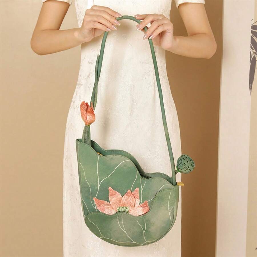 Charming Floral Lotus Embroidered Shoulder Bag, Decorative Vintage Bohemian Tote With 3D Flower Accent, For Daily Wear, Casual Outings, Parties, Travel, And Rustic Aesthetic Accessories - 綠色 - 查看 1