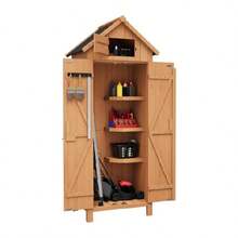 mteryoing 63"/70" Large Outdoor Wooden Storage Shed - Waterproof Vertical Garden Tool Cabinet With 3 Adjustable Shelves, Lockable Door & Roof Storage | Heavy-Duty, Space-Saving For Patio, Yard, Lawn, Backyard - 69.69x28.35x21.46 inches - 查看 10