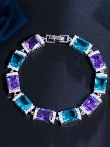 1 件精美镀银 CZ 紫色和蓝色方晶锆石方形网球串珠链式手链，适合新娘、珠宝、新娘、婚礼、派对、舞会、女士、女友、圣诞礼物 - 藍色 - 查看 2