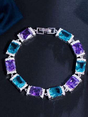 1pc Blue And Purple Dual Color Baguette Zirconia Crystal Tennis Bracelet, Silver Plated Cubic Zirconia Women Costume Jewelry Accessories For Wedding, Engagement, Party, Prom, Christmas, New Year Gift