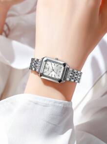 1 pieza Reloj de pulsera de cuarzo elegante para mujer, con correa de acero, esfera cuadrada, estilo clásico de lujo (1 pieza/set), caja de reloj no incluida