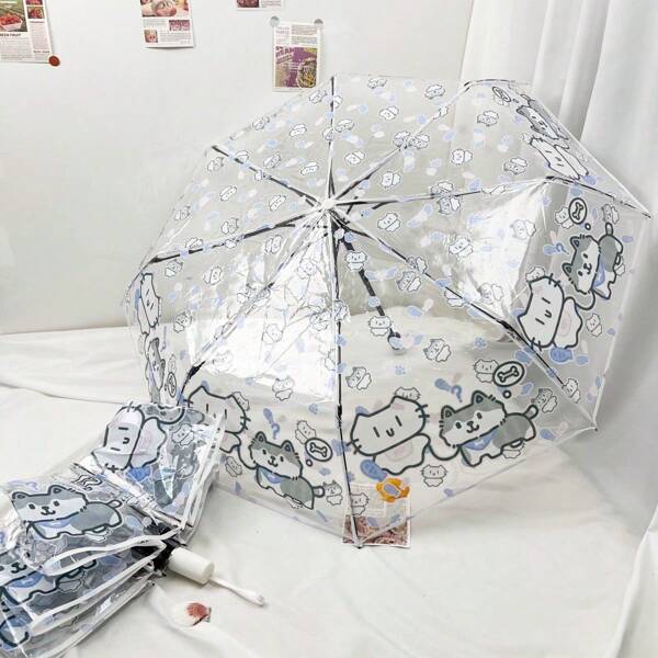 New Cute Cat Holding Dog Transparent Fully Automatic Umbrella, Foldable, Thickened, For Women, Students, Children