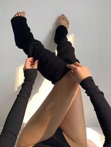 1/2 pares de calentadores de pierna de elefante, calentadores de pierna sueltos, calentadores de pierna tejidos, calentadores de pierna largos tejidos con costillas, cómodos calentadores de pierna altos, calentadores de pierna de estilo universitario para rodilla y pantorrilla, calentadores de pierna largos por encima de la rodilla para mujeres, adecuados para diversas prendas diarias, acogedores - Negro - Ver 5