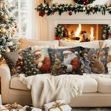 4pcs Vintage Santa Claus & Rabbit Printed Pillow Case Set - Peach Velvet Pillow Cover 45*45cm