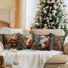 4pcs Vintage Santa Claus & Rabbit Printed Pillow Case Set - Peach Velvet Pillow Cover 45*45cm