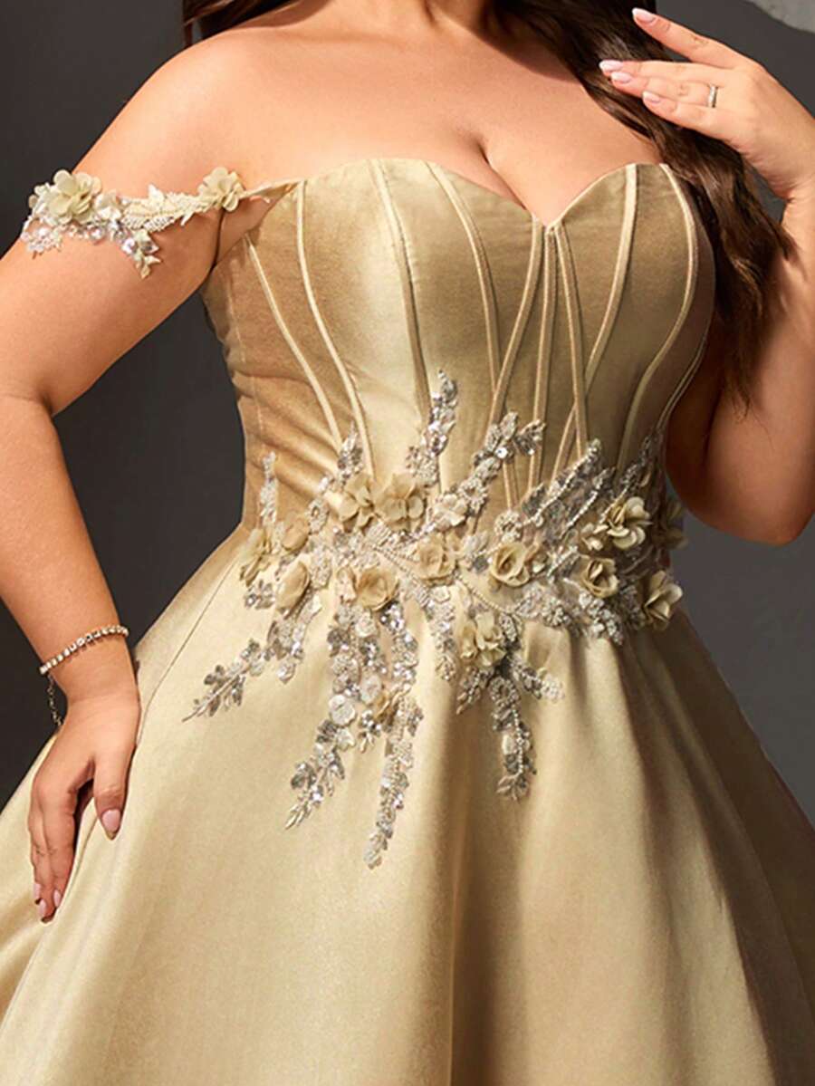 VIPGIRL Neues Abendkleid in Champagnerfarbe mit Pailletten-Patchwork, elegantes hochwertiges Design für Damen in Große Größen, luxuriöser Abendanzug - Champagnerfarben - Übersicht 1