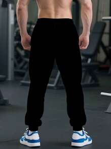 大码男士黑色“Balance”印花休闲运动慢跑裤 - 抽绳腰部，涤纶针织，舒适时尚，适合秋季户外活动、运动休闲穿着 | 时尚运动裤 | 涤纶针织裤 - 黑色 - 查看 5