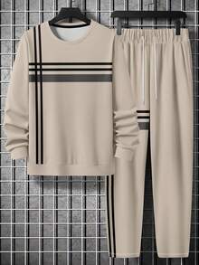 Men's Casual Versatile Striped Crew Neck Sweatshirt And Pants Set - Multicolor - View 3