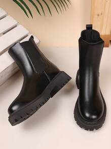 1 双加大码柔软舒适 PU 切尔西靴，适合少女，弹性松紧设计圆头，4.5 厘米厚鞋底，增高，英伦风格短靴，适合休闲、度假、派对、秋冬