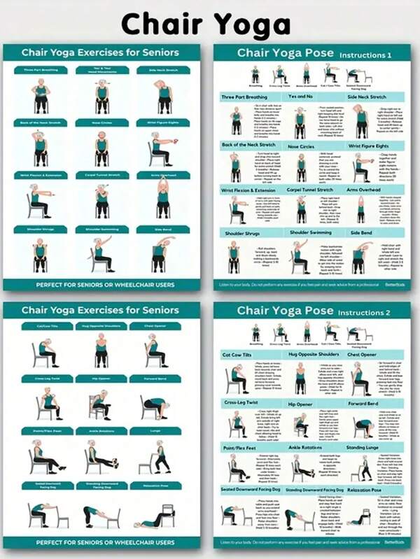 4 piezas Gráficos de ejercicios de yoga para silla, adecuados para principiantes y personas mayores, guía de práctica de yoga, entrenamiento de flexibilidad, desafío de ejercicios, gráficos de fitness de yoga para silla, 8X10 pulgadas sin marco