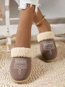 Pantuflas tipo bota de mujer con forro peluche, punta cerrada, bordado elegante, estilo casual para casa - Gris - Ver 2