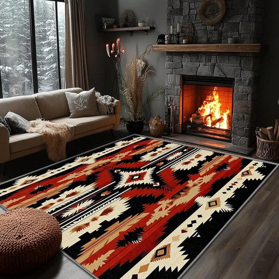 3x5 Rugs, 2x3 Rug, Southwestern Rustic Area Rug, Colorful Geometric Door, Washable & Non - Slip Small Carpet, Home Decor - Đỏ Đen Be - Xem 1