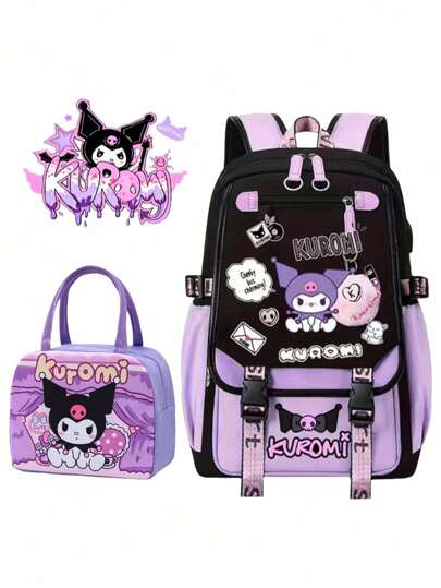 Sanrio Mochila y bolsa de almuerzo del personaje animado Kuromi de Sanrio, mochila de nailon para portátil para niños y niñas con múltiples compartimentos, puertos para dispositivos externos, correas ajustables, adecuada para la escuela, uso diario y viajes, con impresión de dibujos animados lindos, bolsa de almuerzo temática, cierre de cremallera resistente de la mochila, útiles escolares