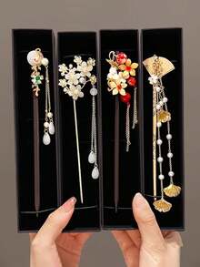 5件套中式复古流苏发夹，优雅汉服发饰，发髻夹 - 高端设计，简约时尚，合金材质，易于使用，精美礼品（G款珍珠的样式和位置可能因批次略有不同），婚礼用品，发饰，头饰 - 彩色 - 查看 2