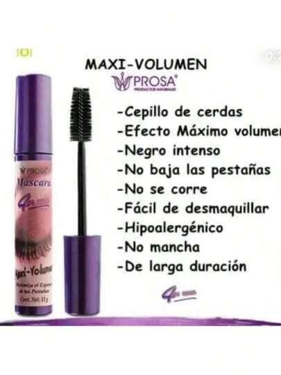 Máscara de pestañas Prosa Maxi-Volumen negra waterproof 13g con efecto engrosador instantáneo, ideal para maquillaje natural, de noche o profesional, perfecta para uso diario gracias a su fórmula hipoalergénica para ojos sensibles; define y alarga sin dejar grumos, resistente al agua y al desgaste diario, ideal para mujeres que buscan un look elegante y duradero, compatible con pestañas postizas y rutina de belleza completa; hecha en México, libre de crueldad animal y enriquecida con aceites naturales como hueso de mamey, sábila, jojoba y germen de trigo; cosmético confiable y práctico que complementa estilos modernos junto a maquillaje, pestañas postizas, blusas casuales para dama, tops o incluso sandalias para dama; forma parte de tu rutina diaria junto a productos de cuidado personal y belleza; rímel profesional de larga duración para pestañas largas, suaves y densas con volumen real