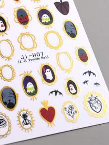 Halloween Nail Stickers, Patterns Include Ghosts, Bats, Insects, Spiders, Asymmetric Geometric Border Design, Gold Hollow Pattern, Suitable For Women DIY Nail Salon, Halloween Decoration - 彩色 - 查看 4