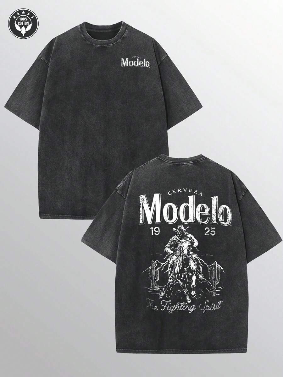 Ropa De Hombre Modelo Men's Washed Cotton T-Shirt, All Cotton, Casual Sports Style Top T-Shirt, Fashionable Street Style, Suitable For Travel And Sports Wear Halloween Costumes - màu đen - Xem 1