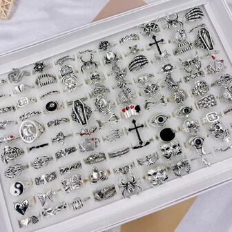 28pcs/Pack Vintage Spider & Butterfly Zinc Alloy Rings Set, Punk & Hip Hop Mixed Styles, Couples Rings For Party, Wedding, Daily Wear, Jewelry Accessories, Random Delivery In OPP Bag