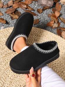 2025 Winter Warm Women's Shoes, Plush Thickened Warm Slip-On Flats, Versatile Fashion Boots, Easy On/Off, Stylish Lace Trim - Black - View 1