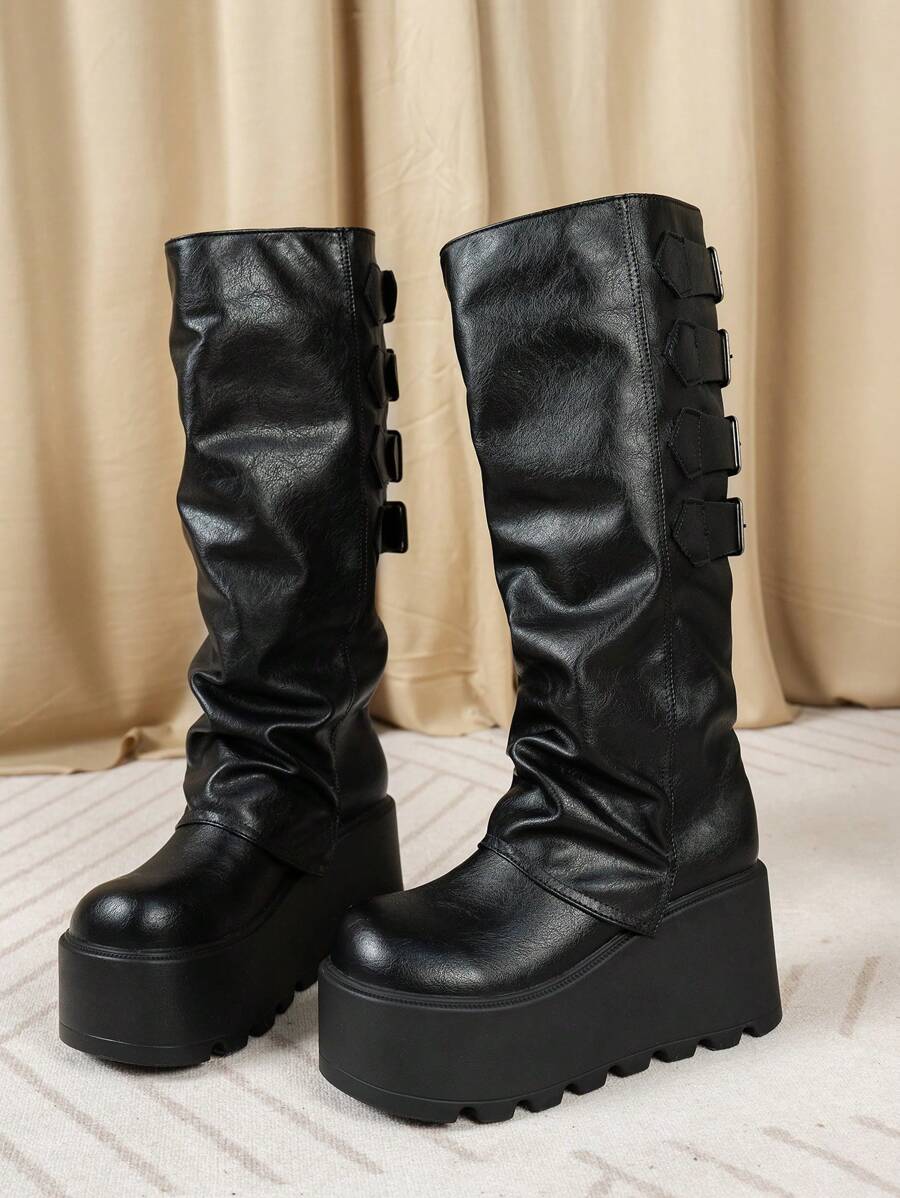 Plus Size Baggy Leg Boots, Sweet & Cool Style Chunky Heel Slouchy Boots, Over-The-Knee High Shaft Cowgirl Riding Boots