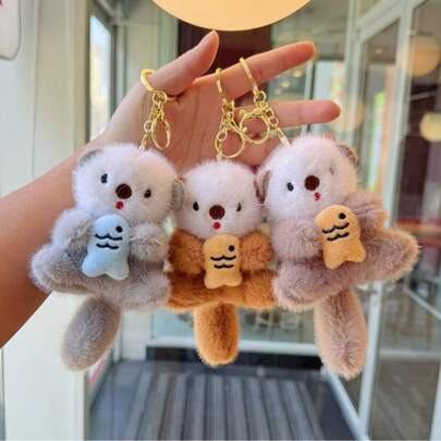 1 件可爱毛绒玩偶挂饰，水獭抱鱼包吊饰钥匙扣，生日/圣诞节/万圣节礼物（鱼颜色随机）