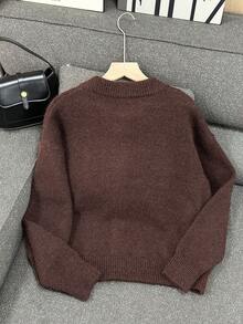 Senya Women's New Autumn/Winter Curry Color Plush Round Neck Front Open Knit Cardigan, Loose Comfortable Warm Sweater Cardigan, Long Sleeve Commuter Top - Coffee Brown - View 9