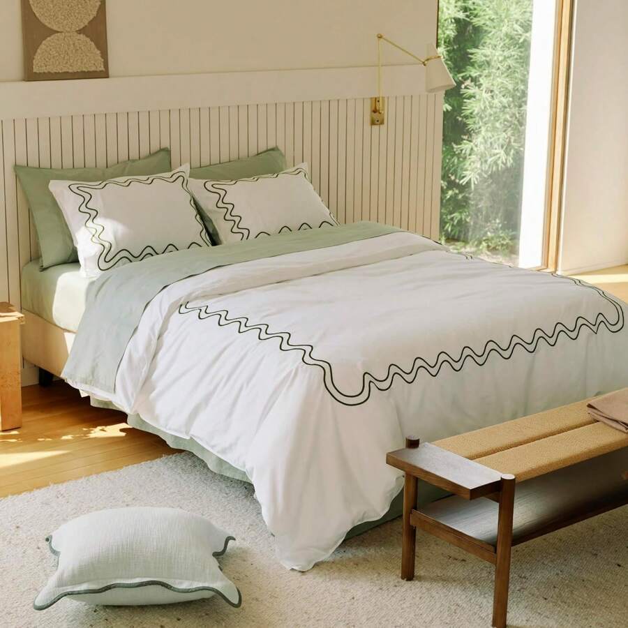 Double Stitch Supima Cotton Duvet Cover Set - 100% American Grown Cotton Embroidery Duvet Cover Queen, Luxury 600 Thread Count Sateen Weave, Hotel Quality Bedding Set, Olive Green, 90" X 90",9836586 - 橄欖綠 - 查看 1